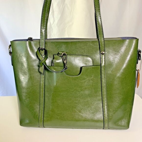 MDBM Maison de Beauté Provence Green Leather Front Pocket Tote Handbag w/ pouch - Picture 2 of 16